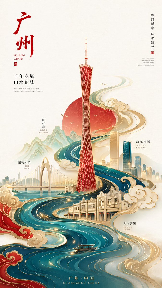 New Chinese Minimalist City Poster — Geometric Landmark & Flowing Patterns