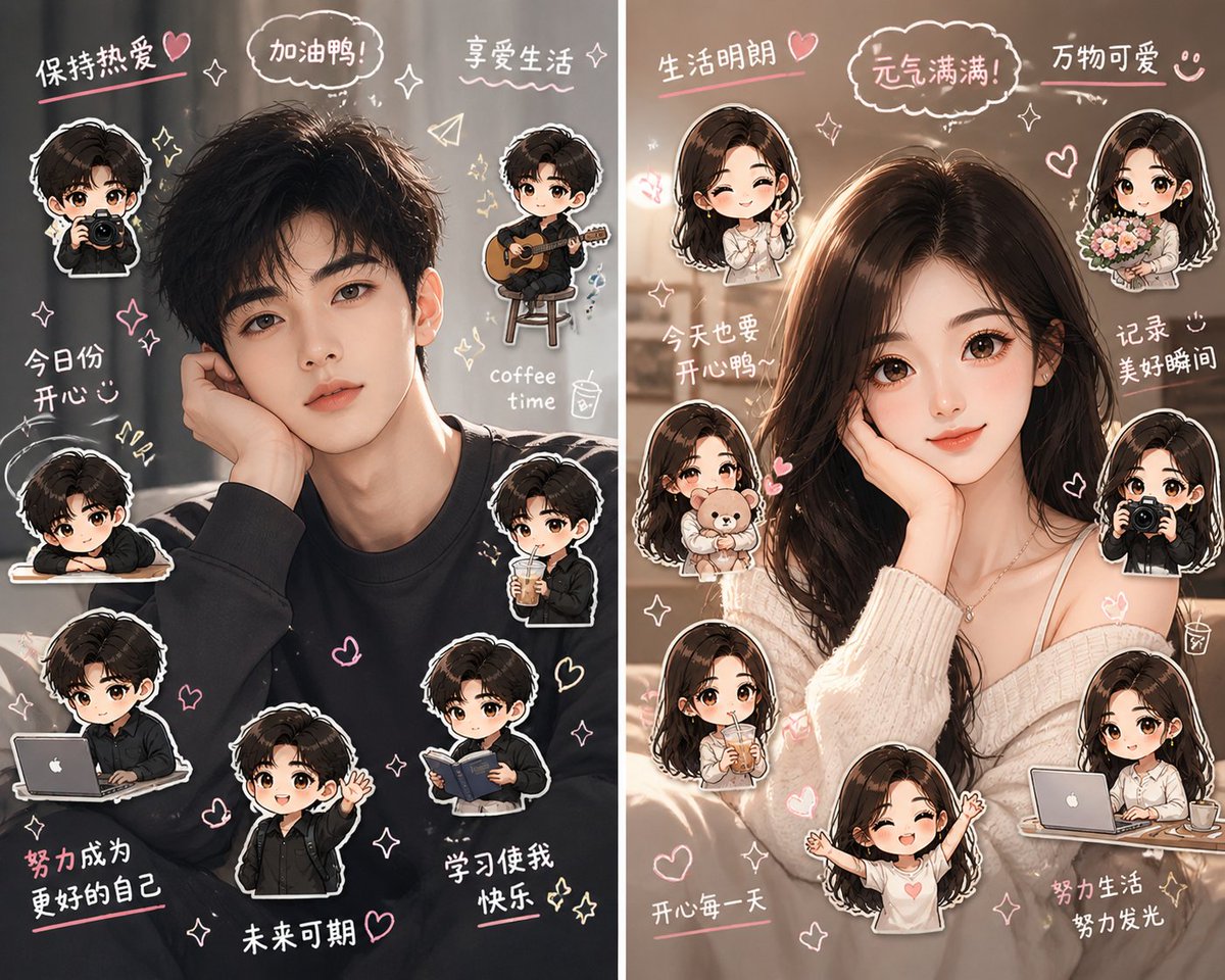 Chibi Selfie Scrapbook Poster — Split-Screen Q-Version Collage