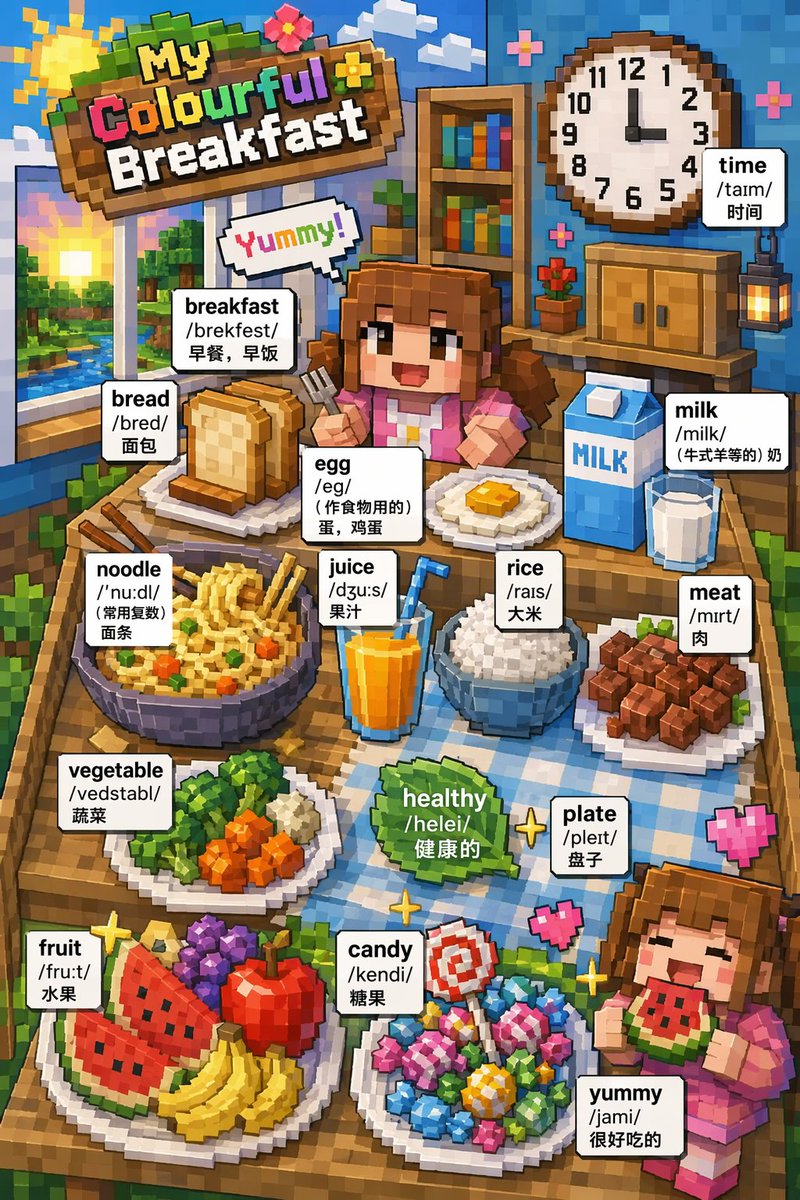 Isometric Voxel Breakfast Poster — Bilingual Vocabulary Builder