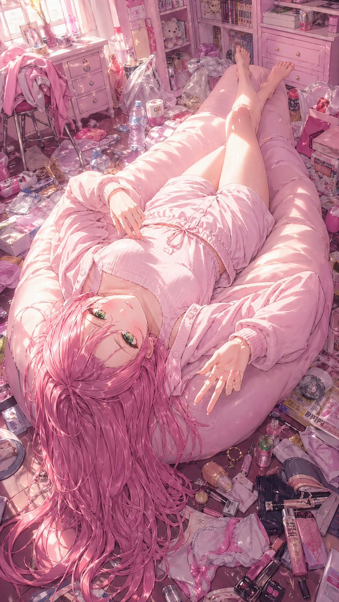 混乱粉色卧室动漫少女 — 梦幻Sora 2提示词