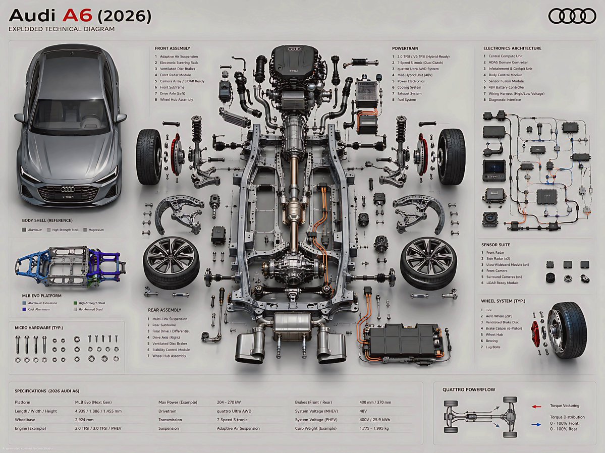 Exploded Audi A6 Technical Diagram — Sora 2 Engineering Prompt