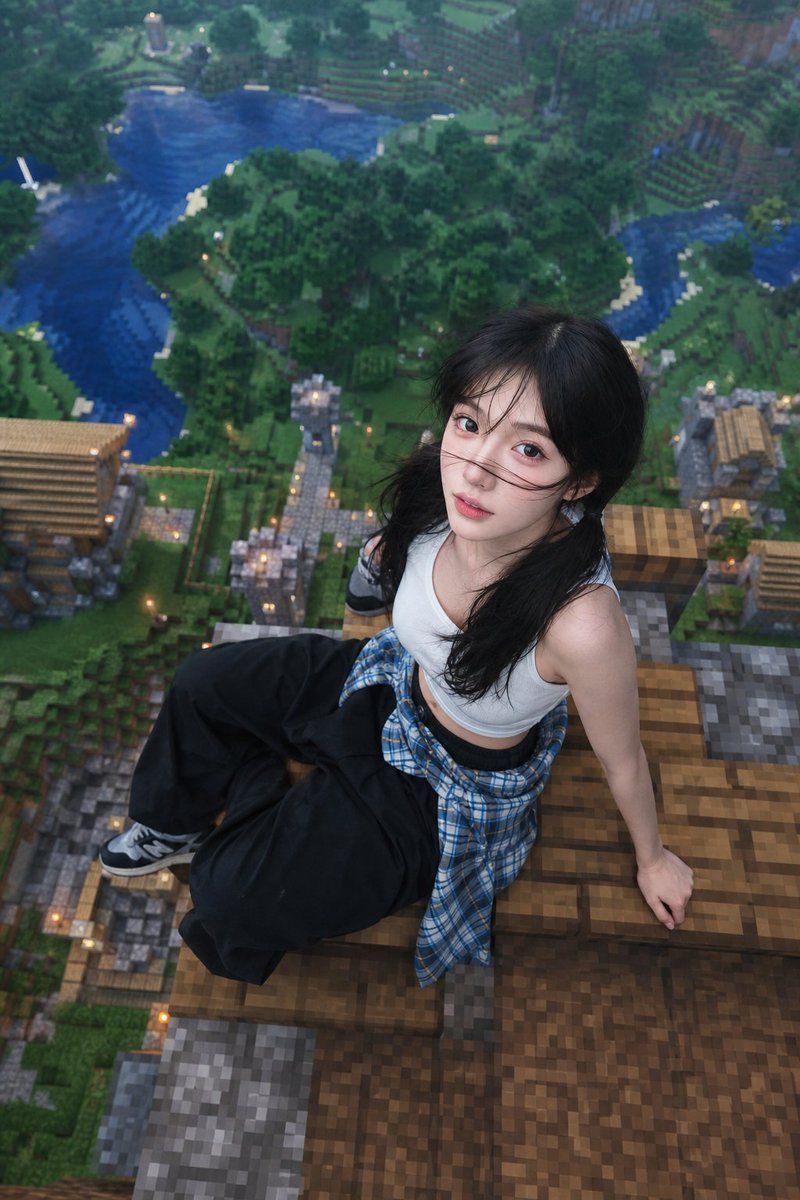 Minecraft Rooftop Portrait — Realistic Drone View