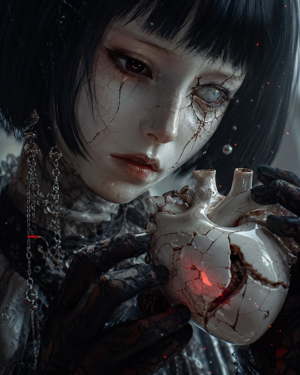 Gothic Porcelain Girl with Cracked Heart — Sora 2 Prompt