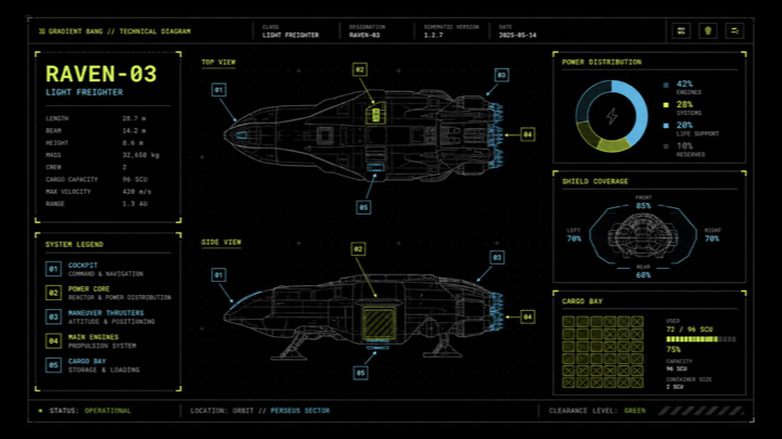 Futuristic Spaceship Blueprint HUD — Sci-Fi Technical Schematic