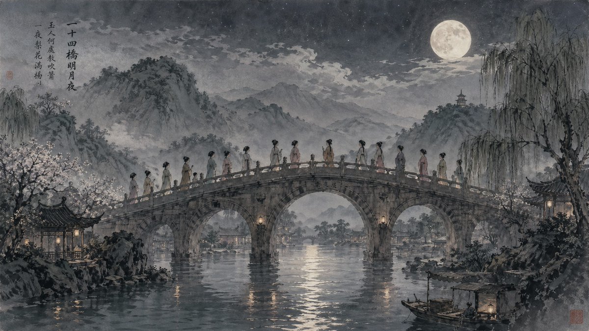 Classical Chinese Moonlit Bridge Painting — Sora 2 Prompt