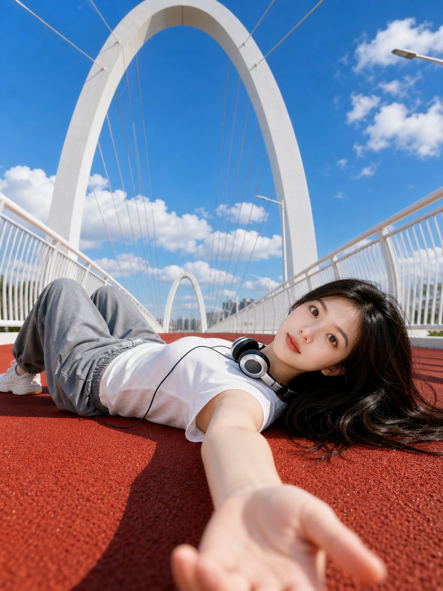 Ultra-Wide Angle Outdoor Portrait on Modern Bridge — Sora 2 Prompt
