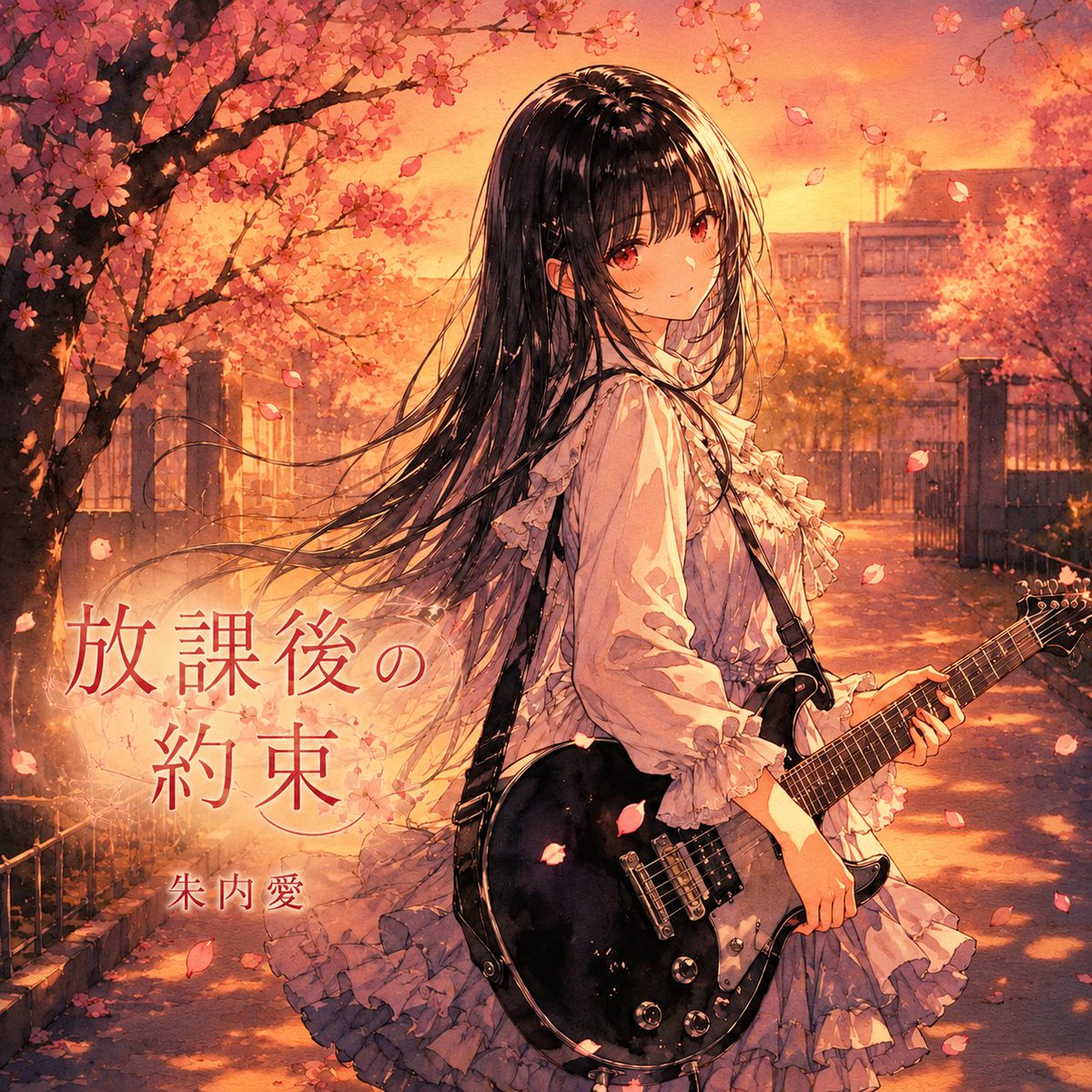 Anime Sakura Rock Album Cover — Gothic Lolita Schoolgirl with Electric Guitar