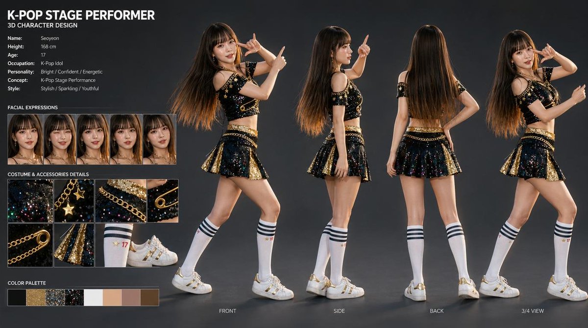 K-Pop Idol 3D Character Design Sheet — Sora 2 Prompt