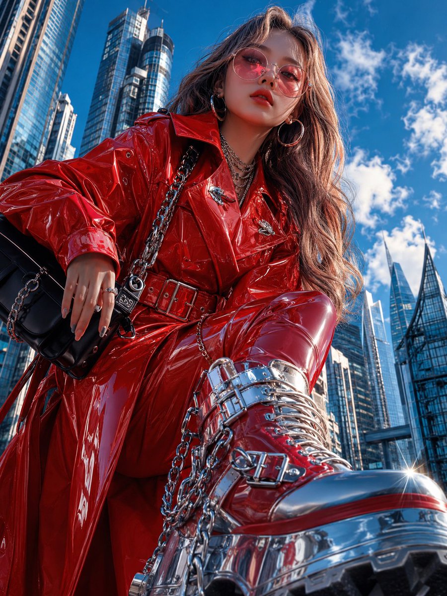 Cyberpunk Couture Portrait — Bold Red PVC & Metallic Boots Prompt