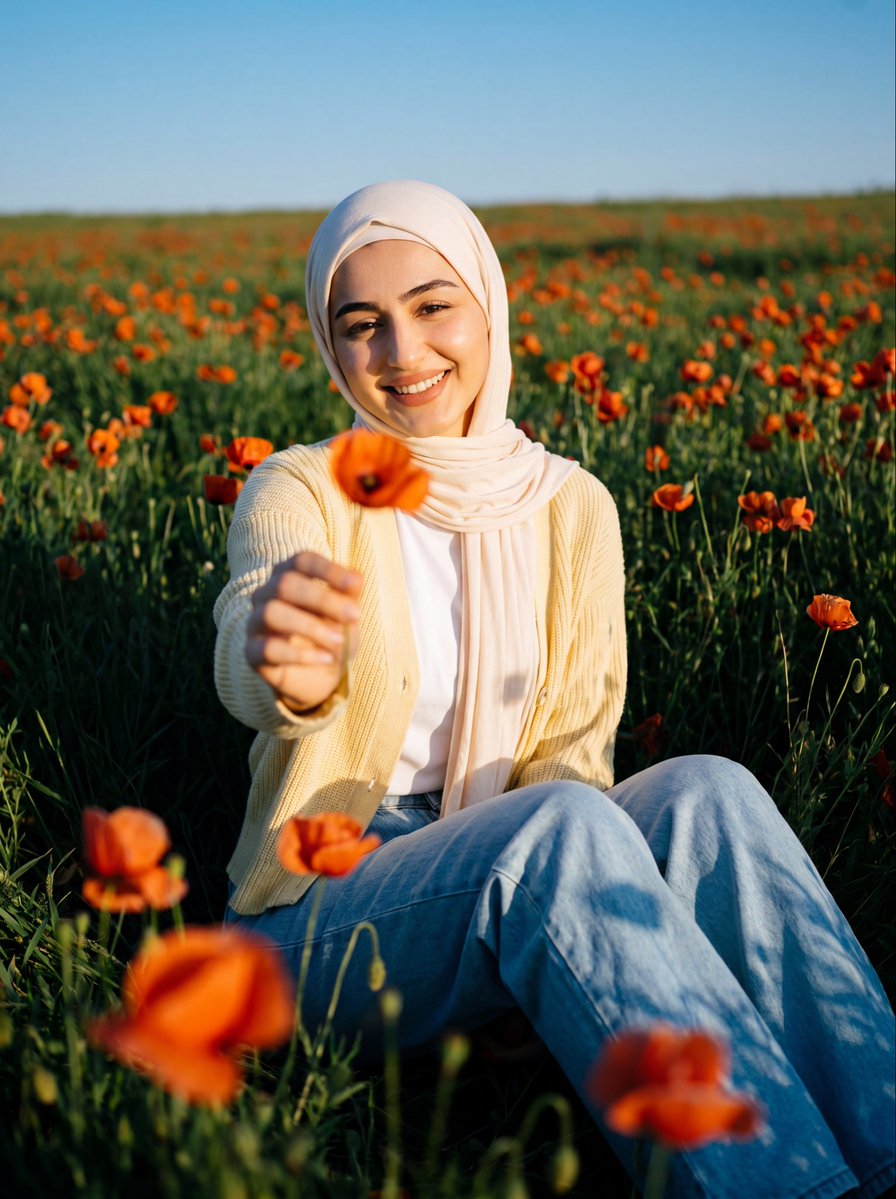 Hyperrealistic Poppy Field Portrait — Cinematic Sora 2 Prompt