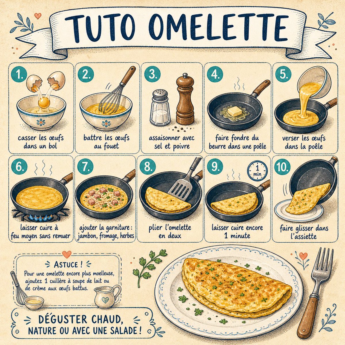 Vintage French Omelette Cooking Poster — Hand-Drawn Recipe Tutorial Prompt