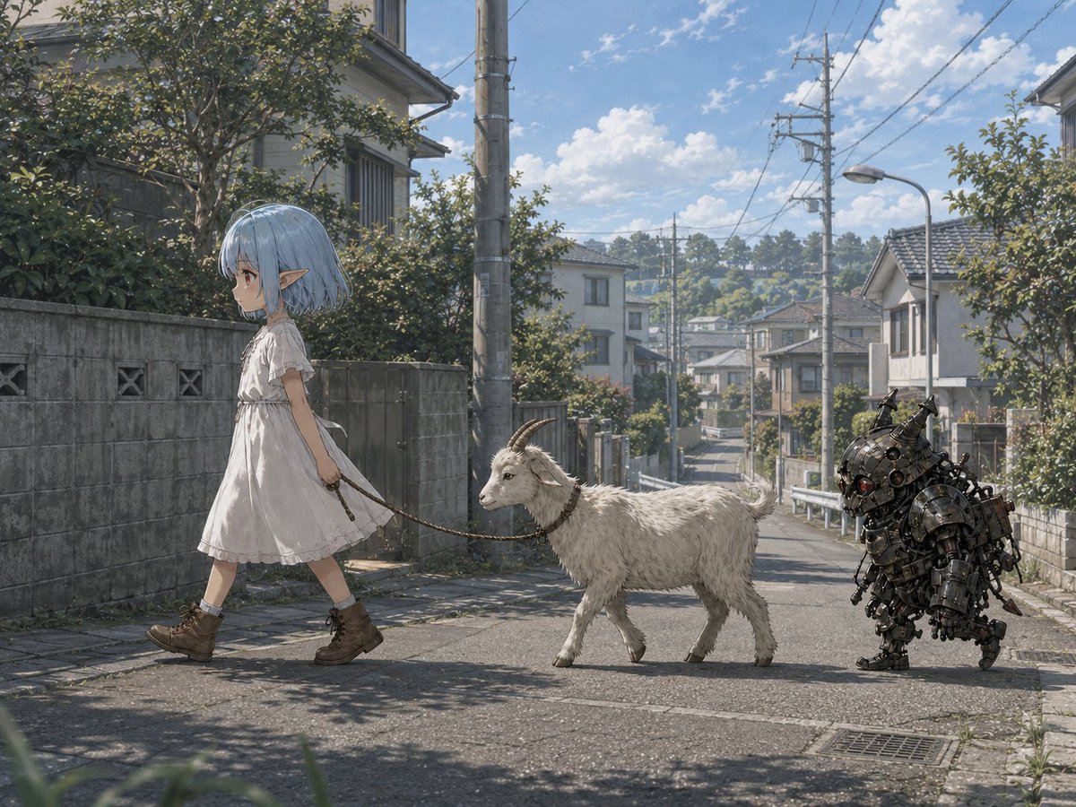 Fantasy Elf Girl with Goat & Steampunk Robot on Japanese Street