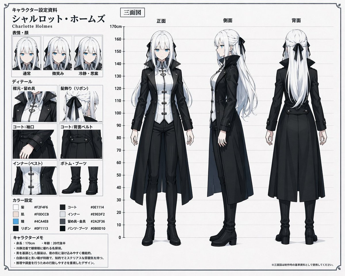Anime Character Sheet — 3-View Turnaround & Details