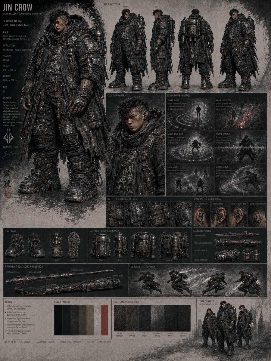 Jin Crow — AAA Sci-Fi Character Design Sheet Prompt