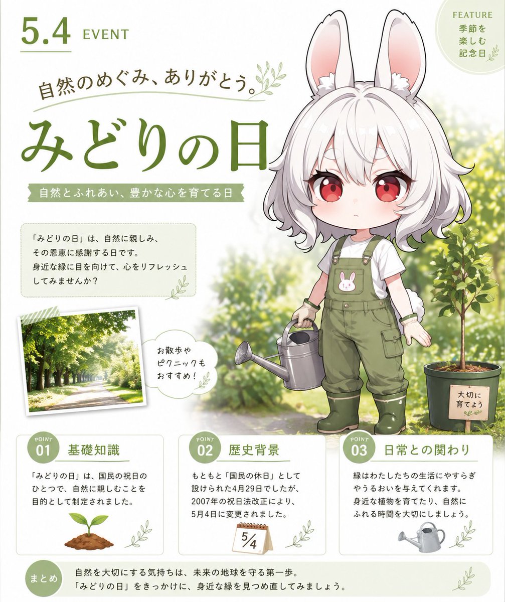 Greenery Day Chibi Poster — Cute Japanese Infographic Prompt