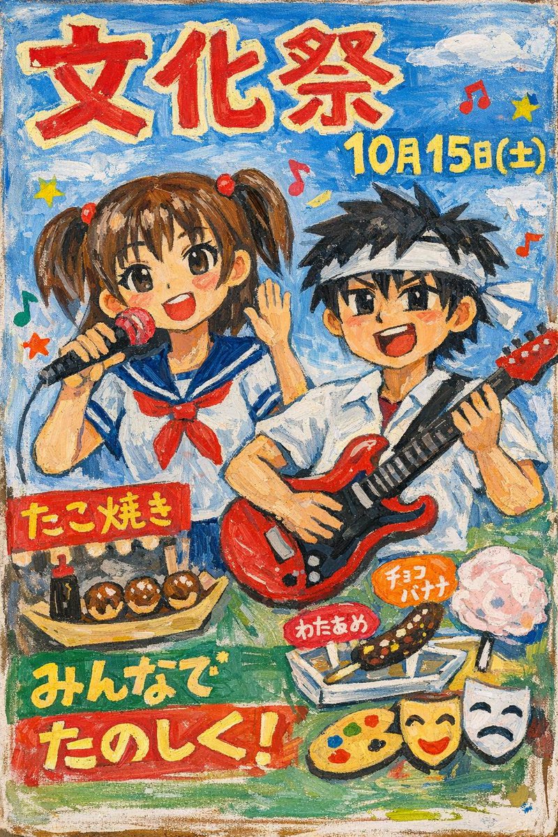 Japanese School Festival Poster — Hand-Painted Oil Pastel Sora 2 Prompt