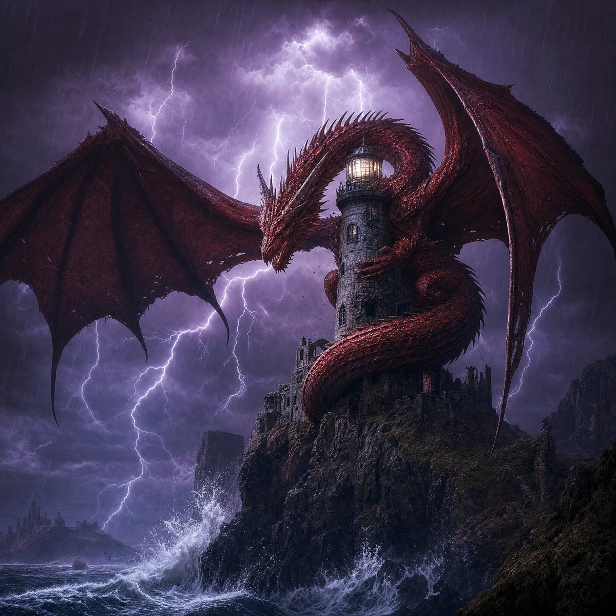 Dragon vs. Lighthouse Storm — Dark Fantasy Concept Art