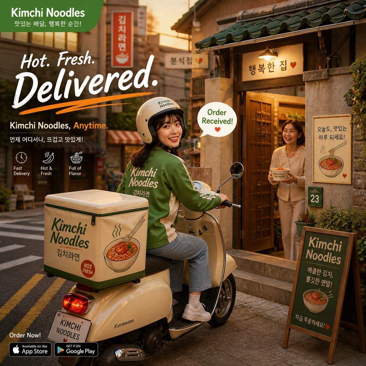 Cinematic Korean Food Delivery Ad — Cozy Street Poster Prompt