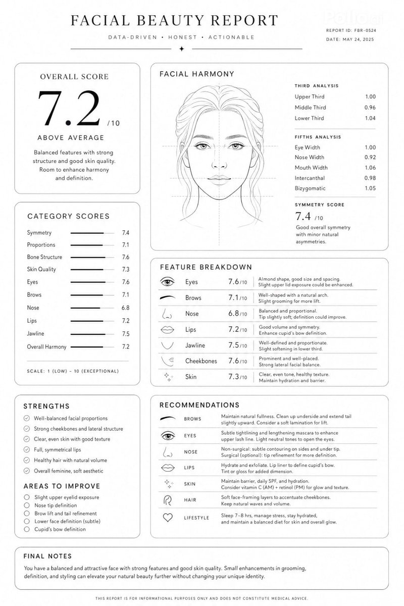 Facial Aesthetics Report — Minimal, Data-Driven Layout