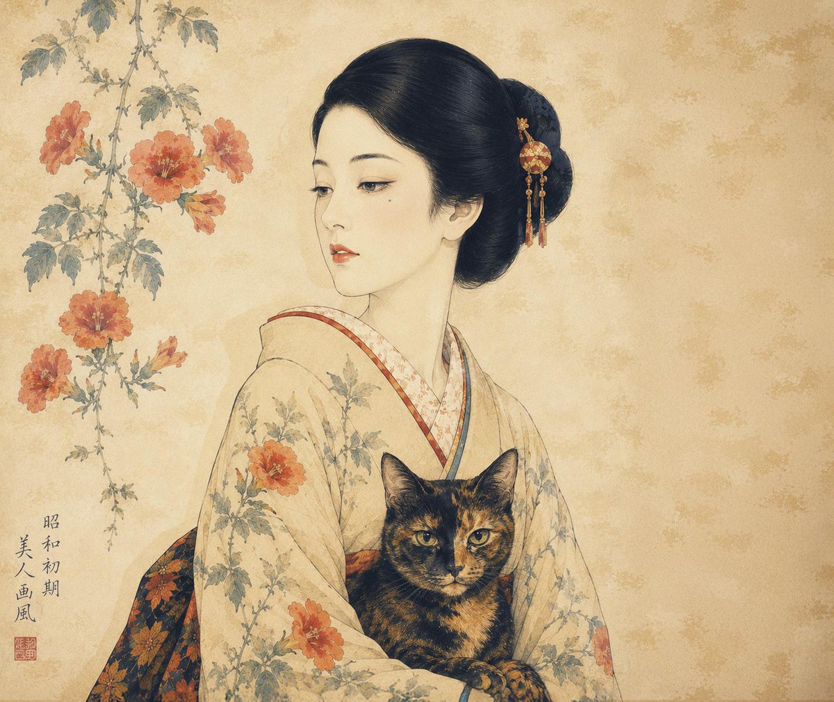 Showa-Style Kimono Illustration with Flowers & Cat — Sora 2 Prompt