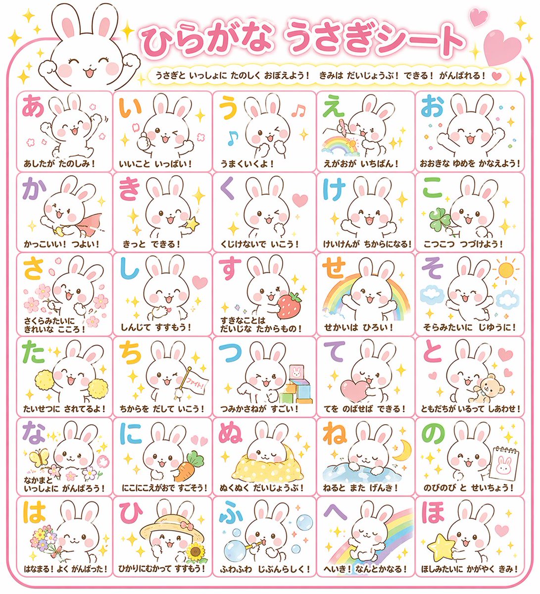Kawaii Hiragana Learning Sheet — Cute Rabbit Style