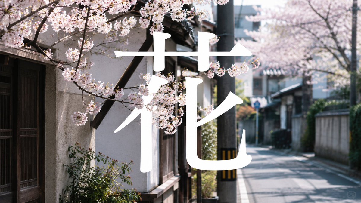 Japanese Spring Street Kanji Poster — Cinematic Photo Prompt