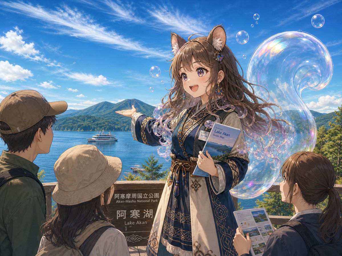 Akan Lake Squirrel Guide — Anime Travel Illustration Prompt