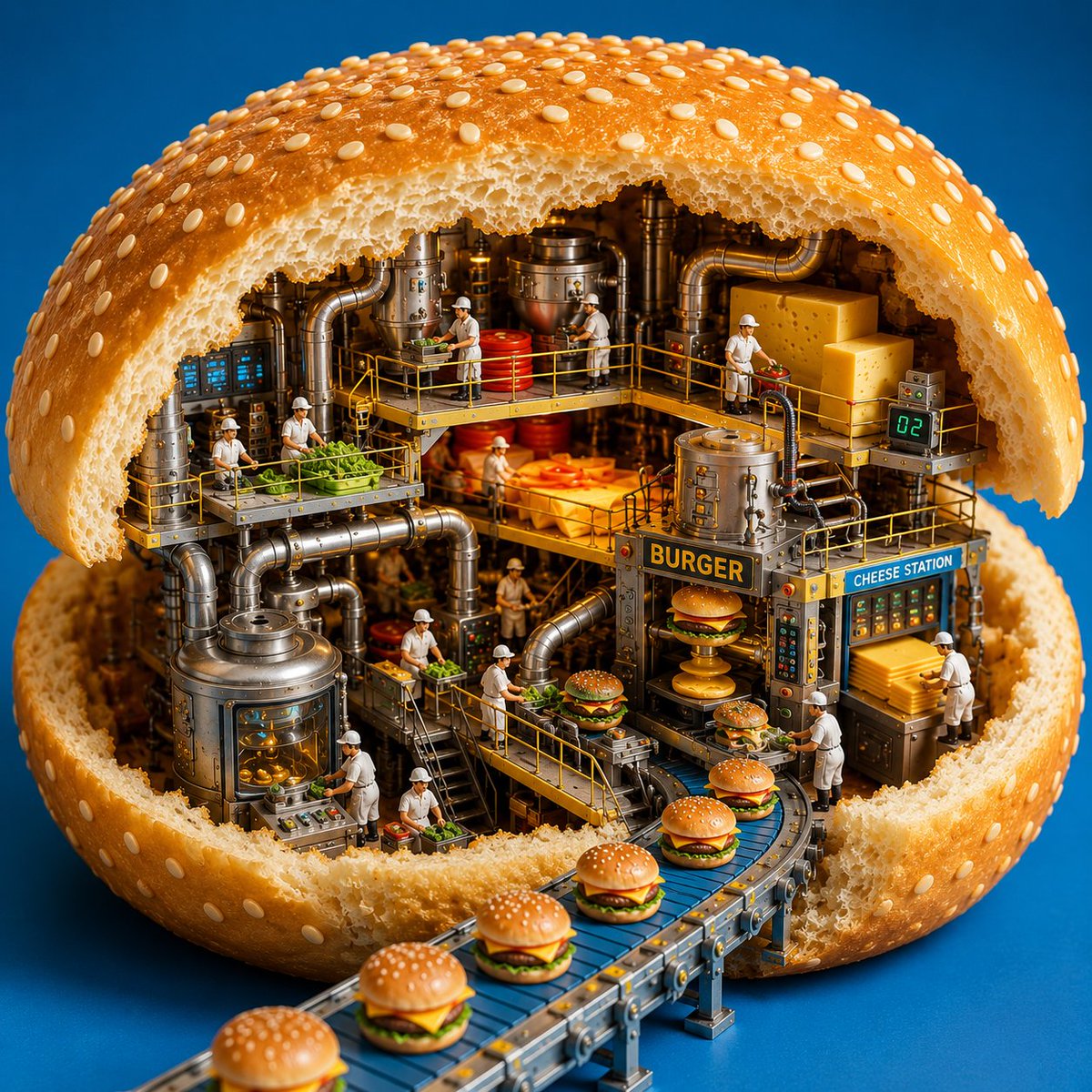 Miniature Burger Factory Inside a Giant Bun — 3D Render Prompt