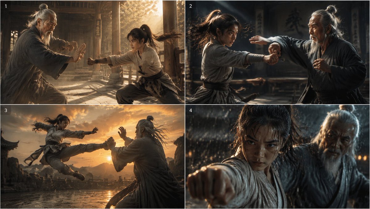 Kung Fu Training Storyboard Grid — Cinematic Realism Prompt