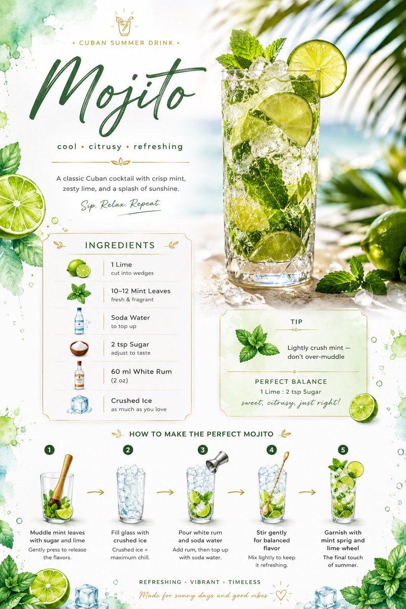 Luxe Tropical Mojito Recipe Card — Sora 2 Prompt