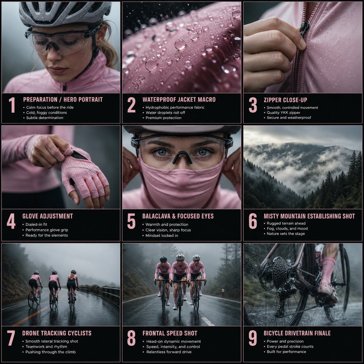 Cinematic Rainy Cycling Storyboard Grid — Sora 2 Prompt