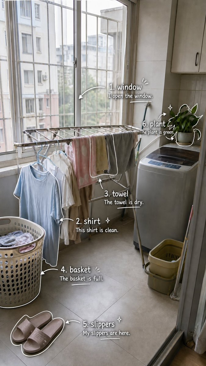 Laundry Balcony Vocabulary Log — Photo-Based Language Prompt