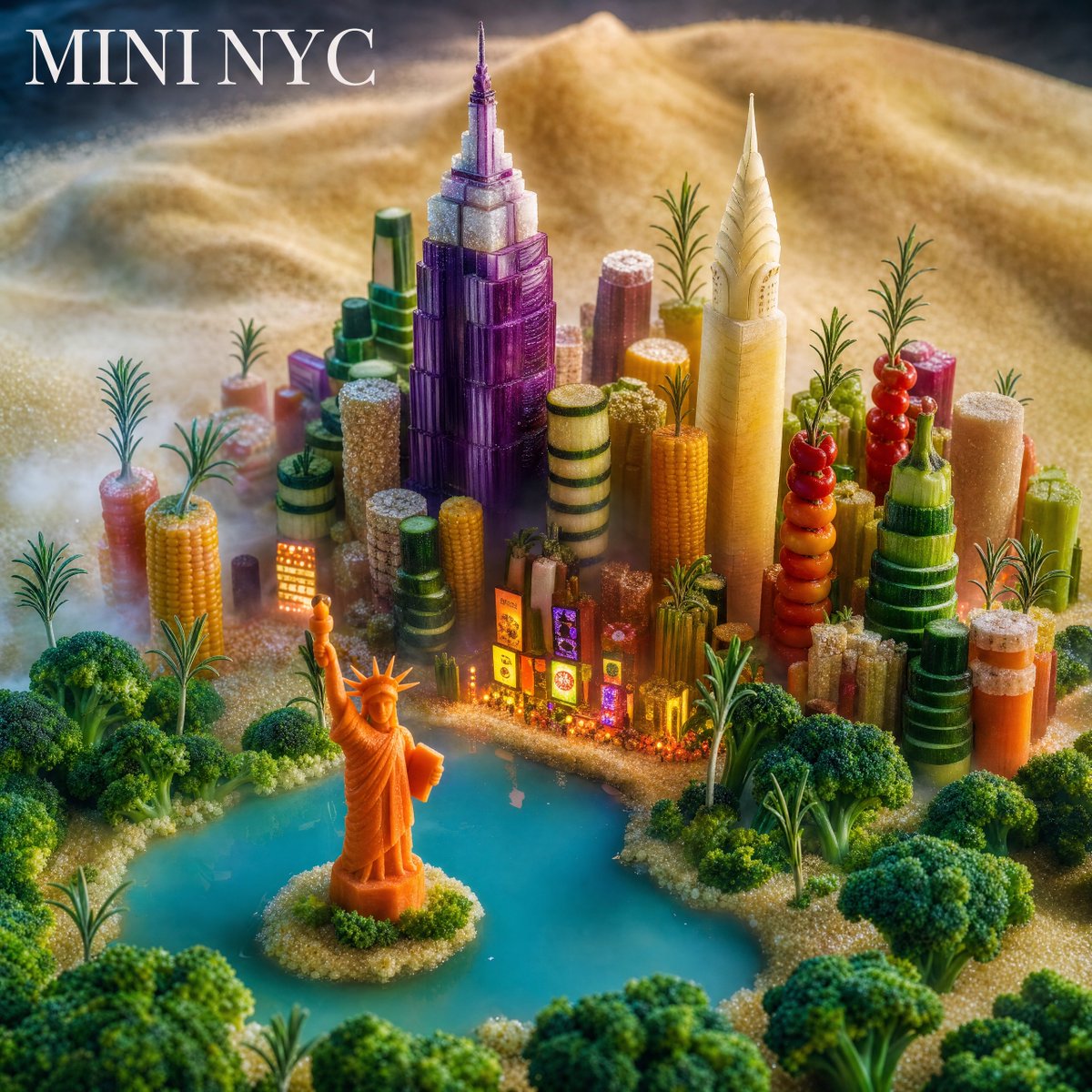 Miniature NYC Food Skyline — Hyper-Realistic Macro Prompt