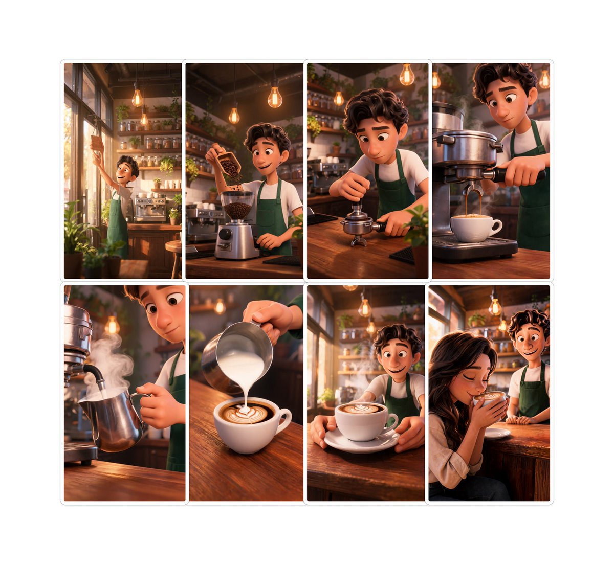 Pixar-Style Coffee Brand Storyboard — 8-Panel Animation Prompt
