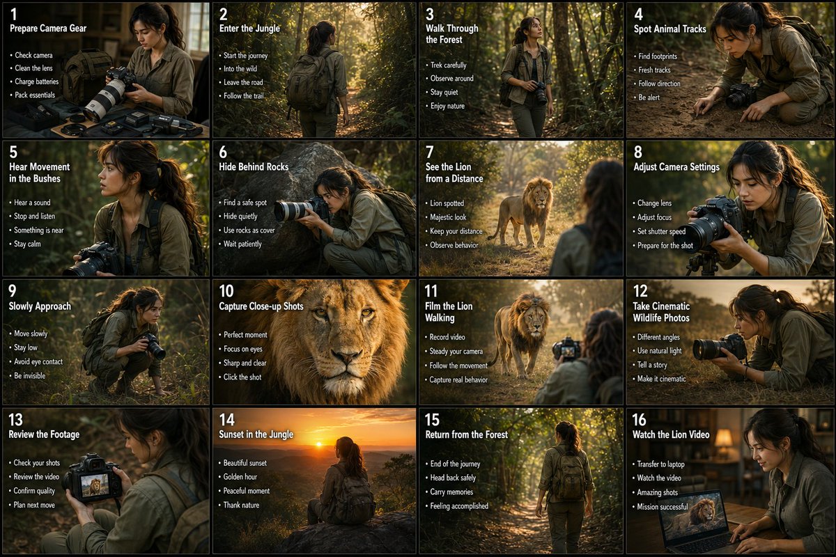 Wildlife Photographer Lion Adventure — 16-Frame Infographic Prompt