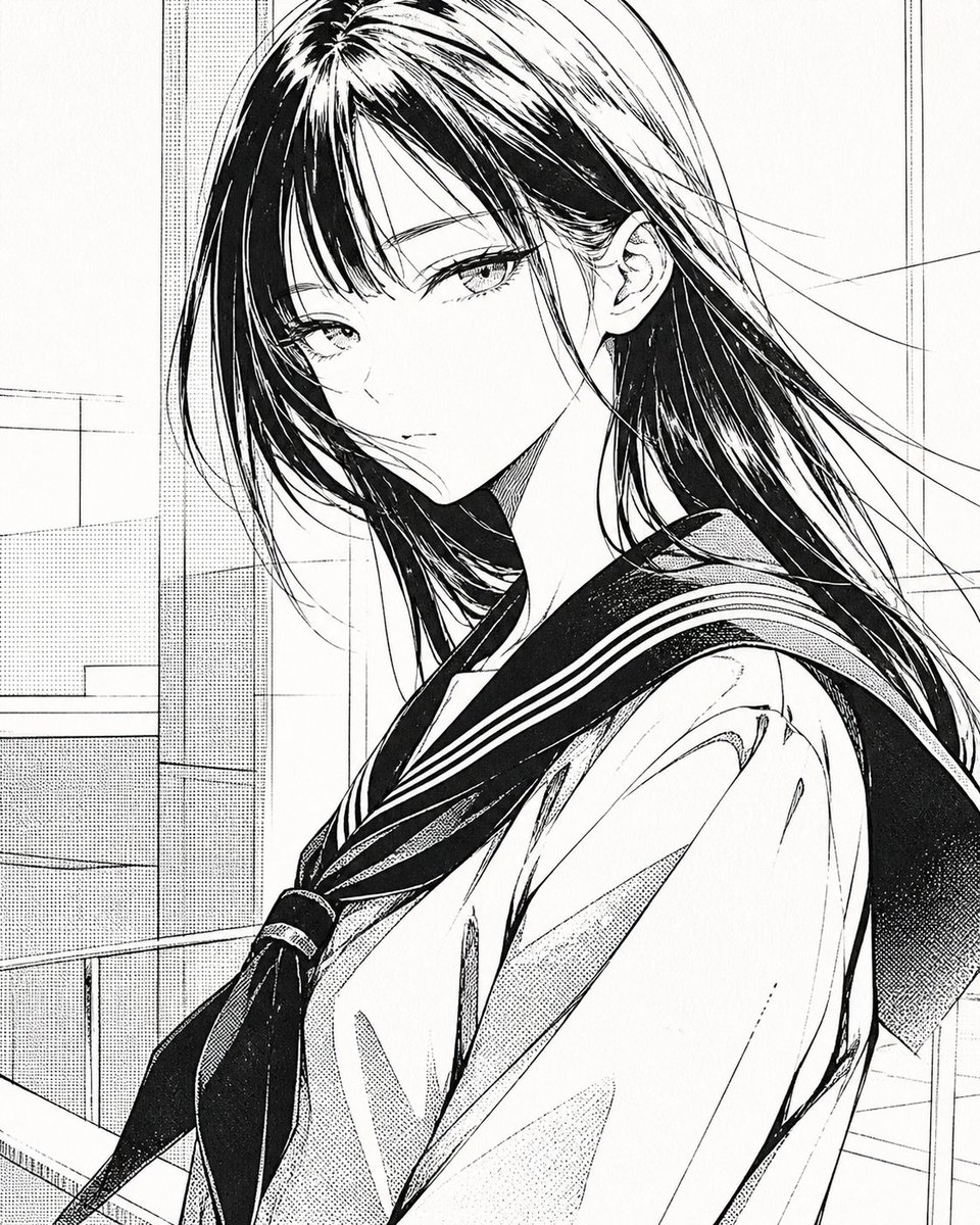 Black & White Manga Sailor Uniform Portrait — Sora 2 Prompt