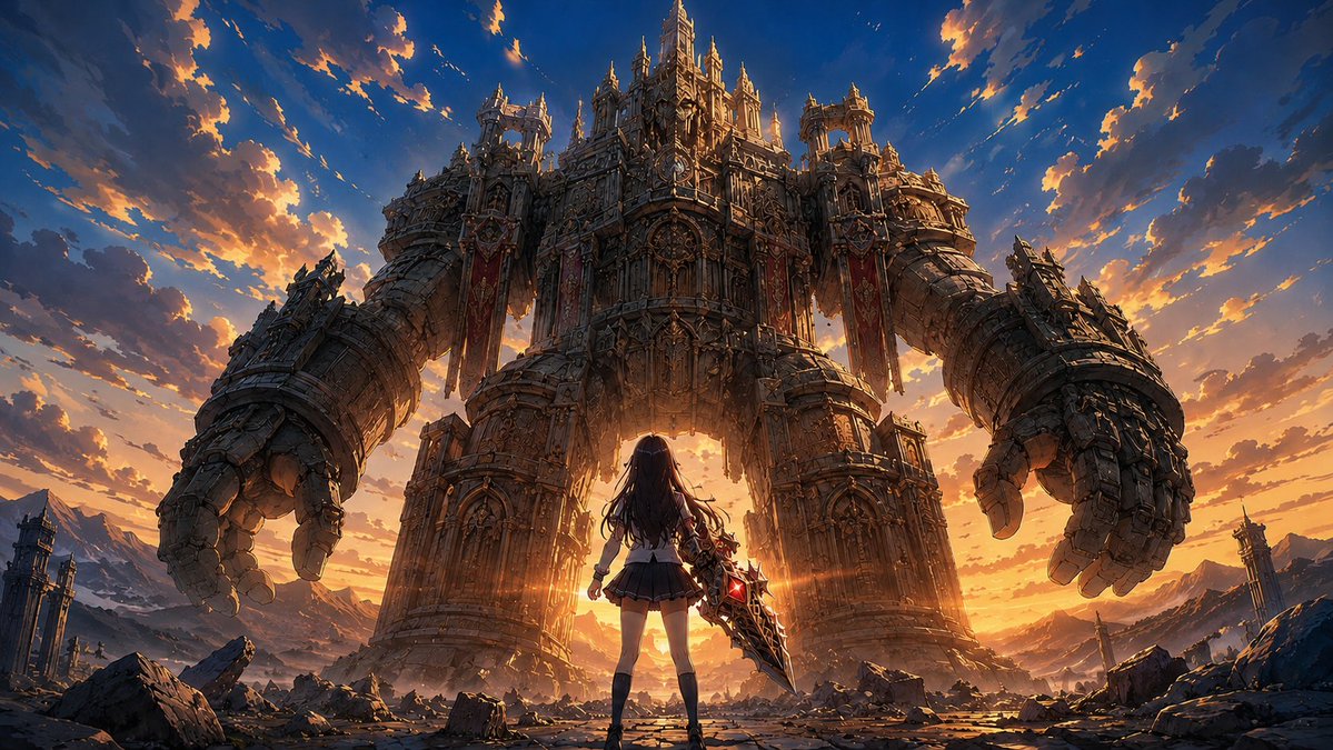 Giant Cathedral Golem Boss Battle — Anime Fantasy Prompt