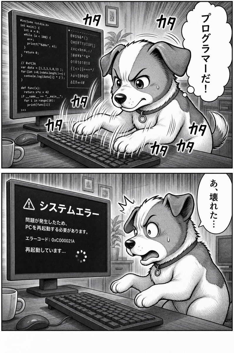 Programmer Dog Comic Strip — B&W Manga Prompt