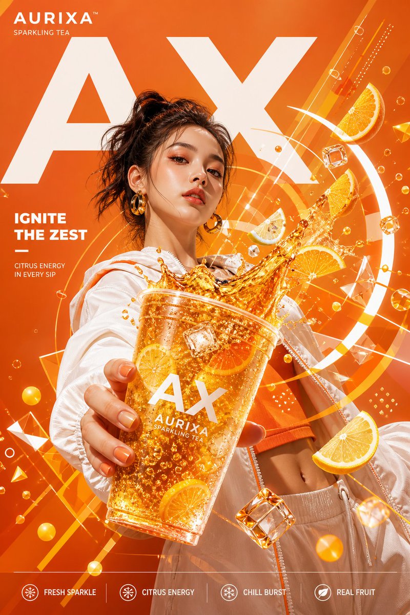 Commercial Beverage Poster with Geometric Flair — Sora 2 Prompt