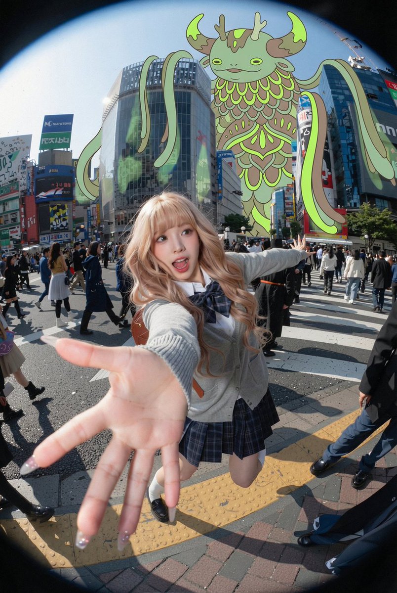 Surreal Fisheye Shibuya Selfie with Giant Spirit Creature — Sora 2 Prompt