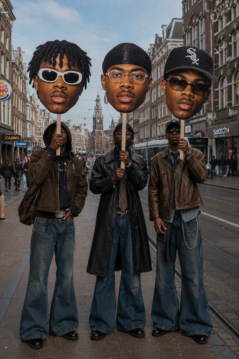 Surreal Street Fashion: Giant Head Cutouts — Sora 2 Prompt