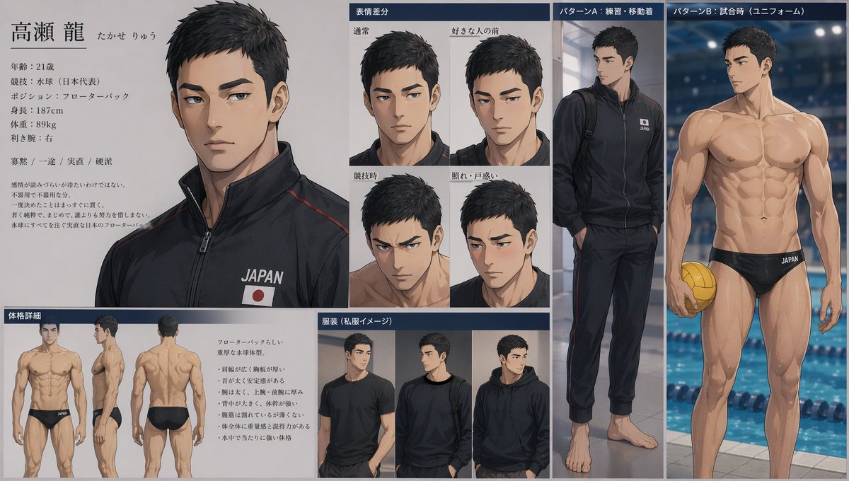 Japanese Water Polo Athlete Character Sheet — Anime Design Prompt