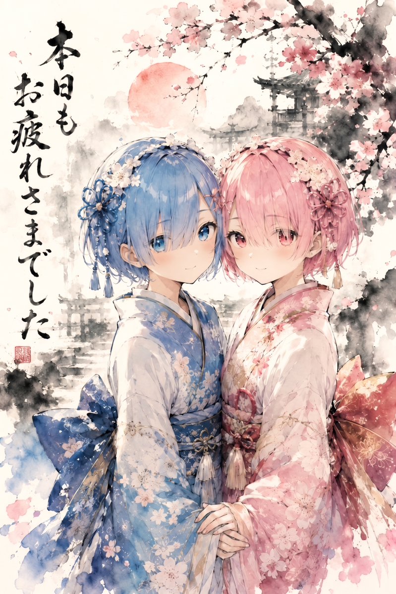 Twin Girls in Kimono — Japanese Ink & Watercolor Sora Prompt