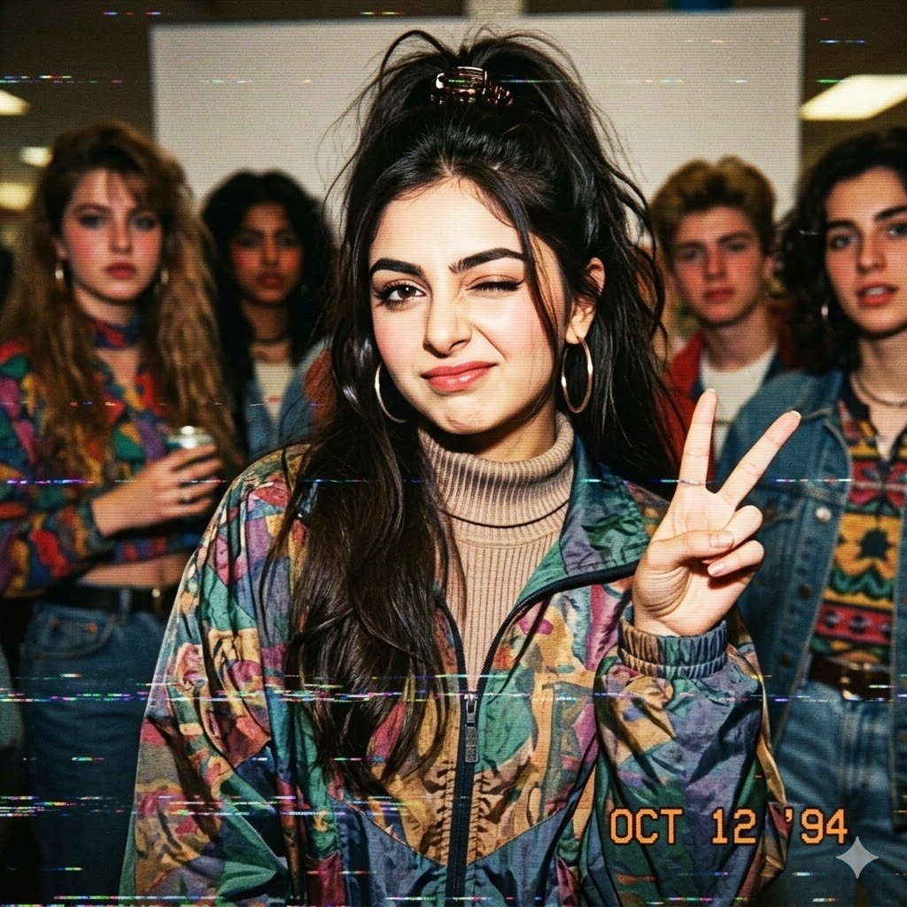 90s VHS Mall Teen Group Photo — AI Prompt