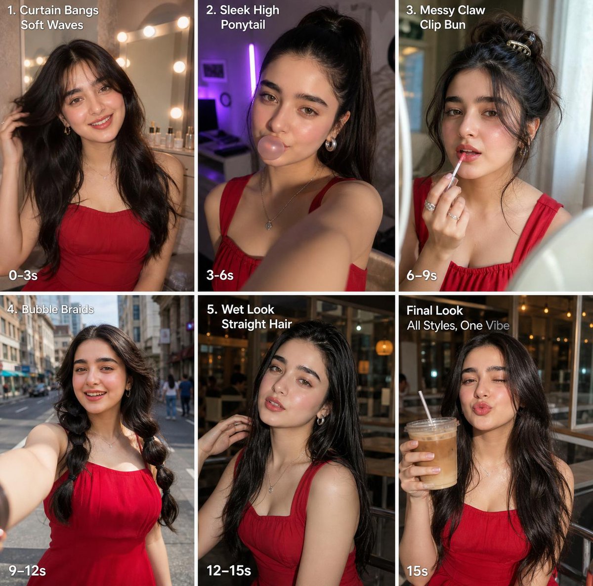 6-Panel Hairstyle Transformation Storyboard — Realistic Social Media Style