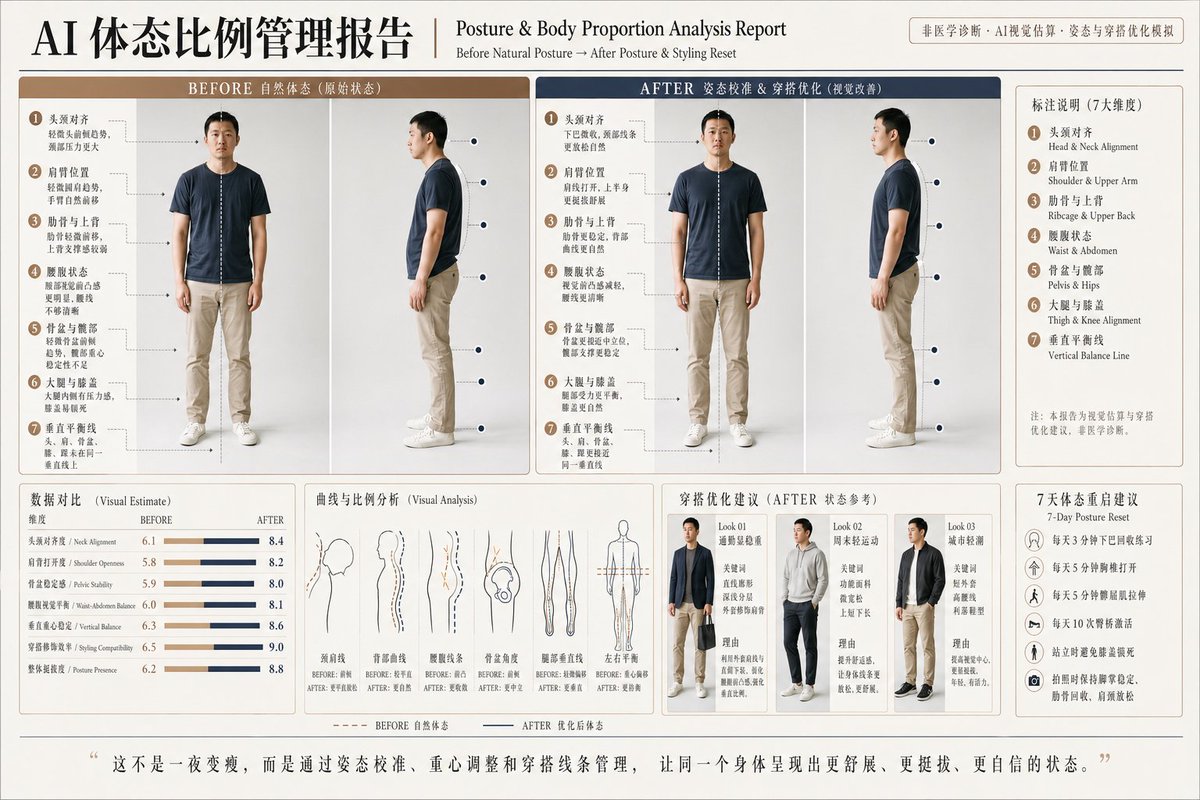 AI体态比例分析报告 — 前后对比信息图