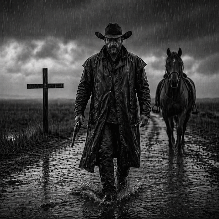 Pistoleri Noir Occidentale Sotto la Pioggia — Prompt Cinemat