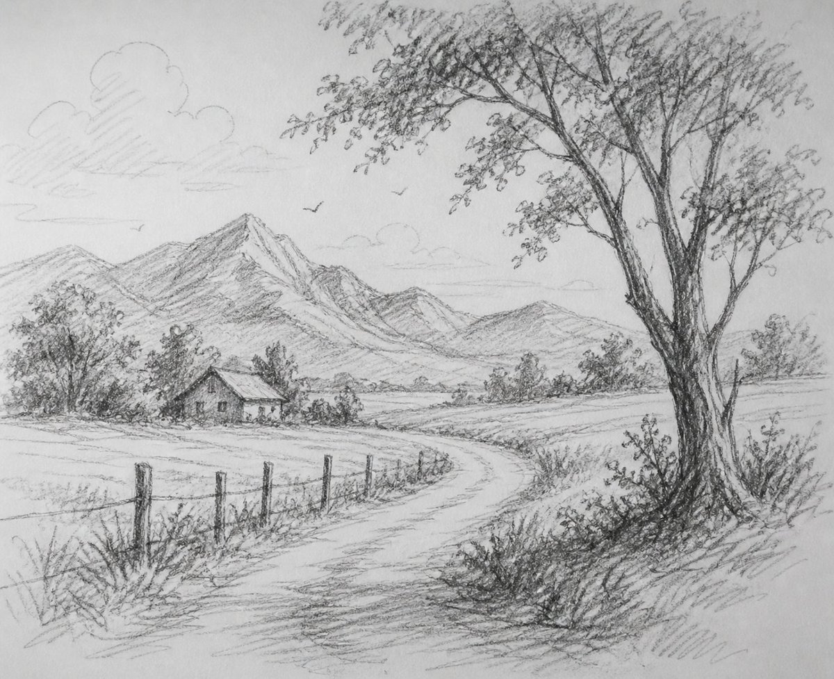 Rustic Farmhouse Valley Sketch — Hand-Drawn Pencil Landscape Prompt