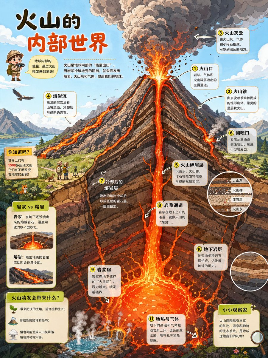 Children's Volcano Cross-Section Infographic Poster — Detailed Watercolor Scienc