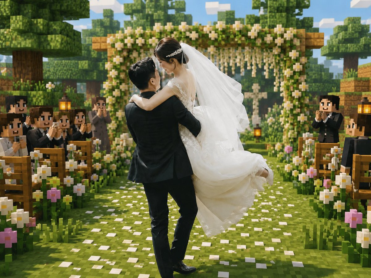 Minecraft Voxel Wedding — Cinematic Sora 2 Prompt